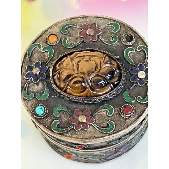 Antique Chinese Trinket Box Enamel Flowers Carved Tigers Eye Flower - Picture 5 of 14